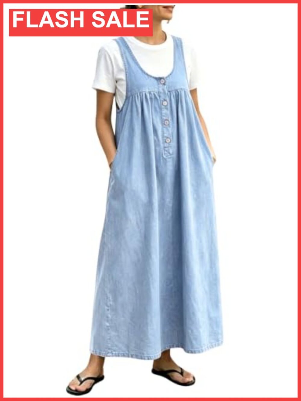 Womens Denim Overall Dress Button Front Pinafore Bib Midi Jean Dress Pockets